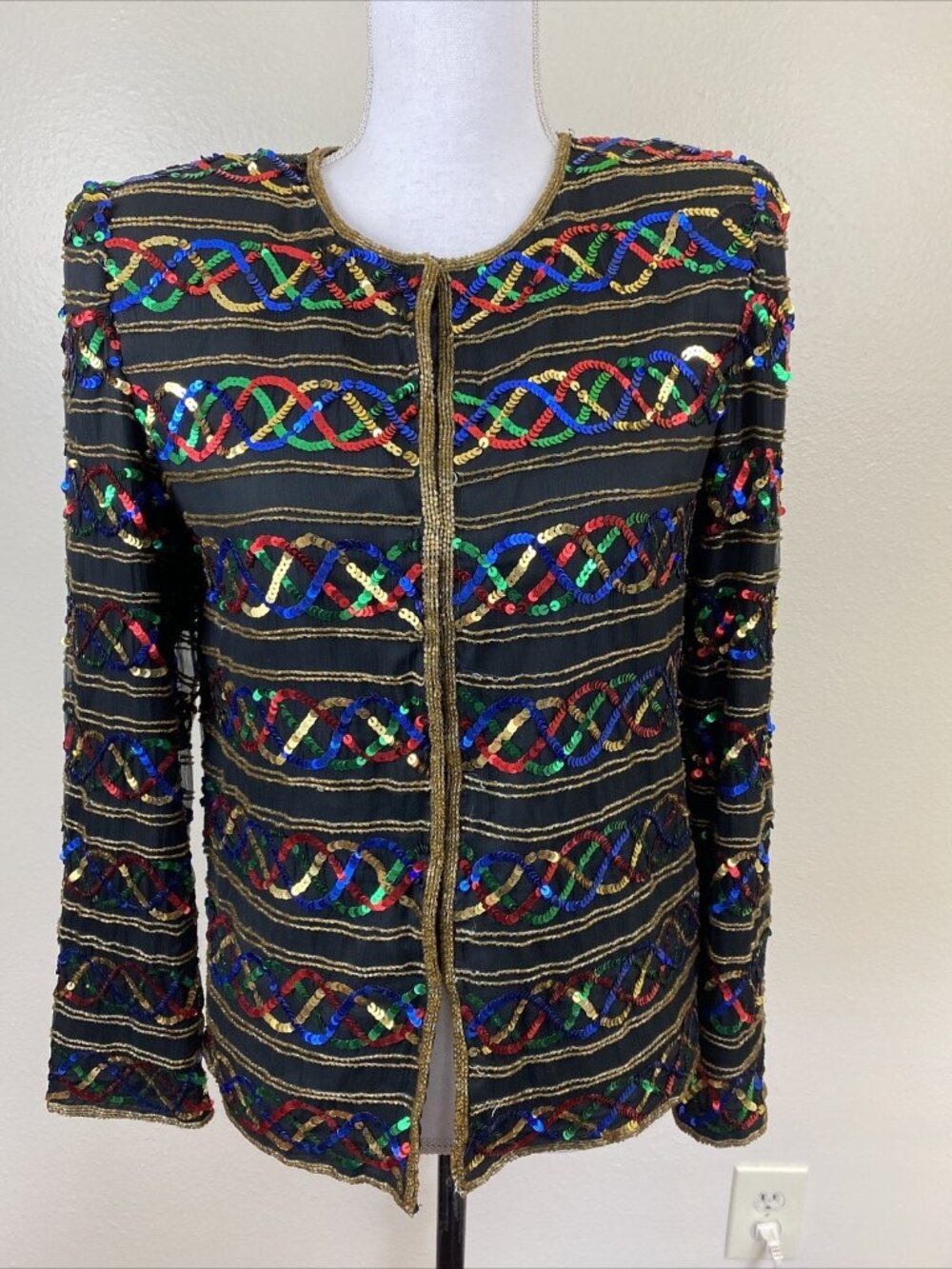 NWT Laurence Kazar Sequined Blouse Multicolor Sequins Hook Front PS Holiday